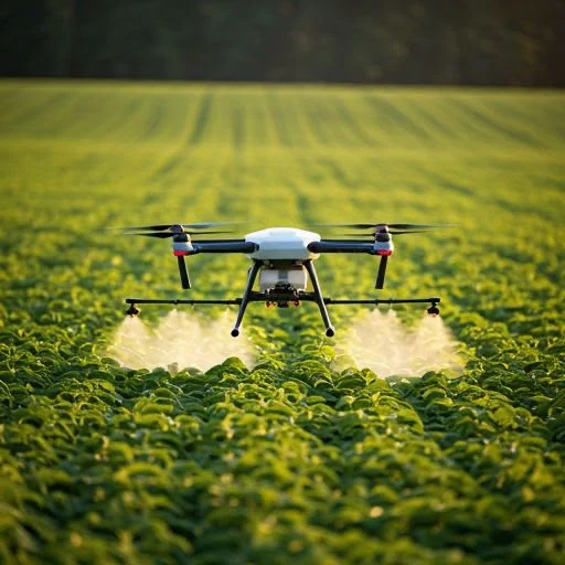 Dron fumigando a baja altura sobre cultivo verde en hileras