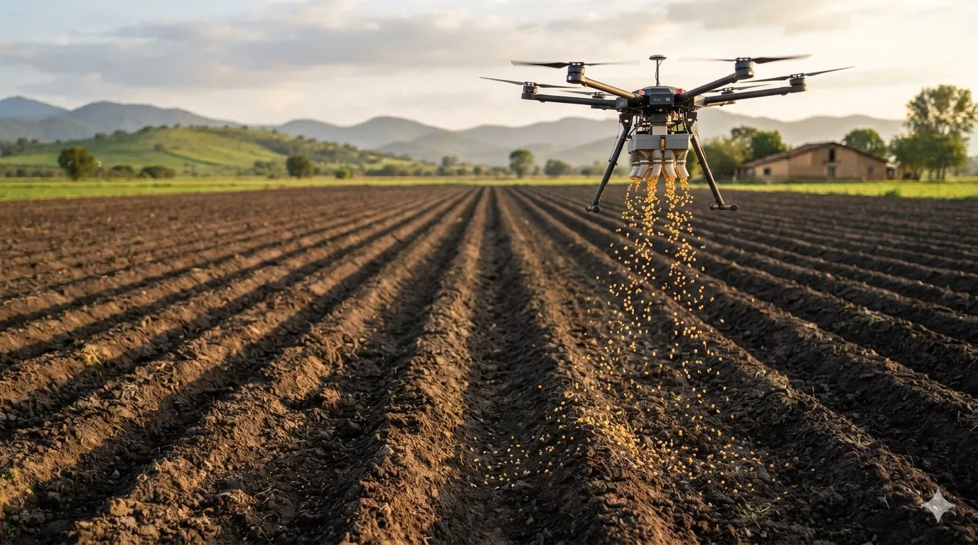 Dron esparciendo semilla granulada sobre surcos arados al atardecer